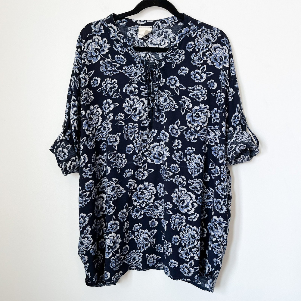 Artistic Works by Lu Blue Floral Lace Up Tie Front Tunic Top Cuff Sleeves Medium